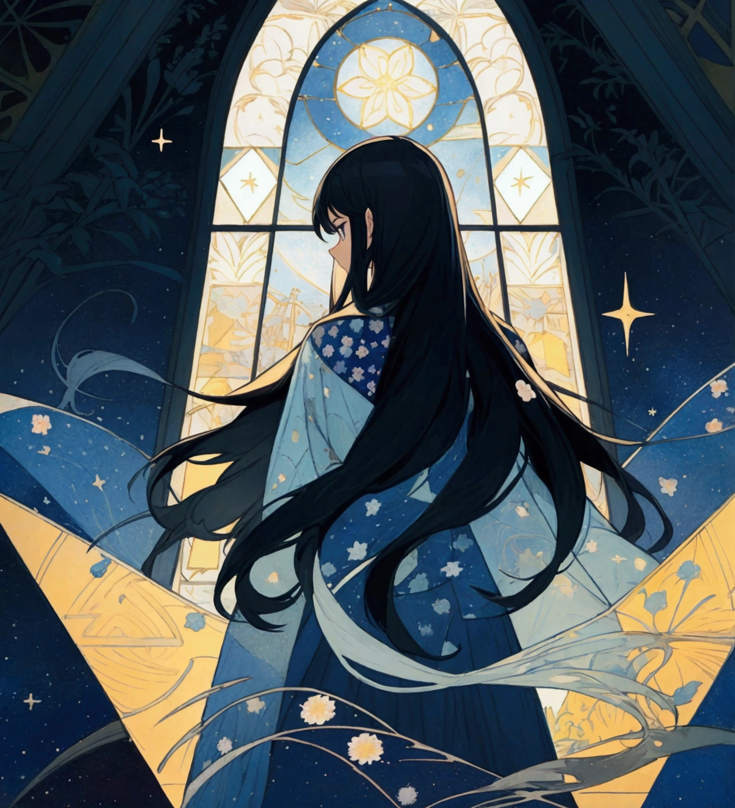 The image appears to be a page from a graphic novel or comic book.. On top, There is an illustration of a character with long hair seen from behind, looking out a window at a starry night sky. The window frame and edges are decorated with floral and geometric patterns., which gives it an elegant and detailed touch. The scene conveys a sense of tranquility and contemplation..