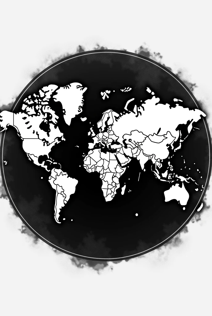 Generate hyper realistic black and white world map logo image with faded ink effect black circumference behind