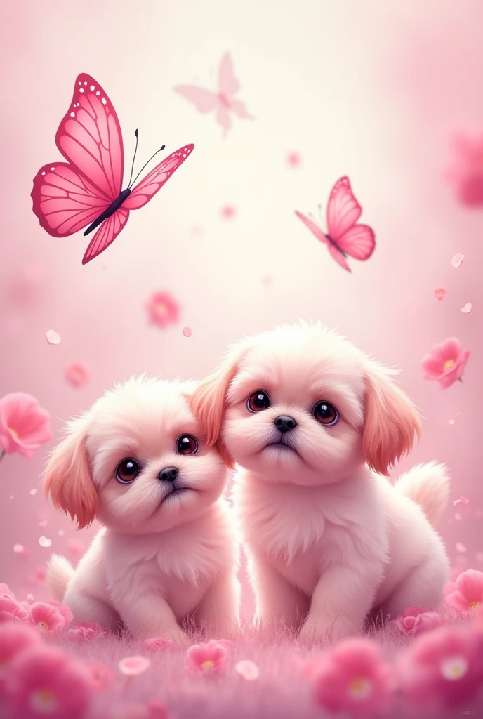 kawaii butterfly pink draw 2 pink shih tzu puppies