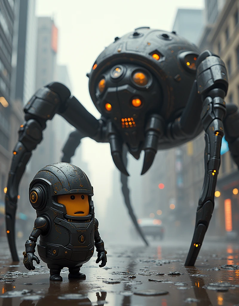 Trong phòng thí nghiệm Minion biến thành người sắt ironman cơ khí công nghệ cao đội mũ. chiến đấu với nhện khổng lồ trong thành phố