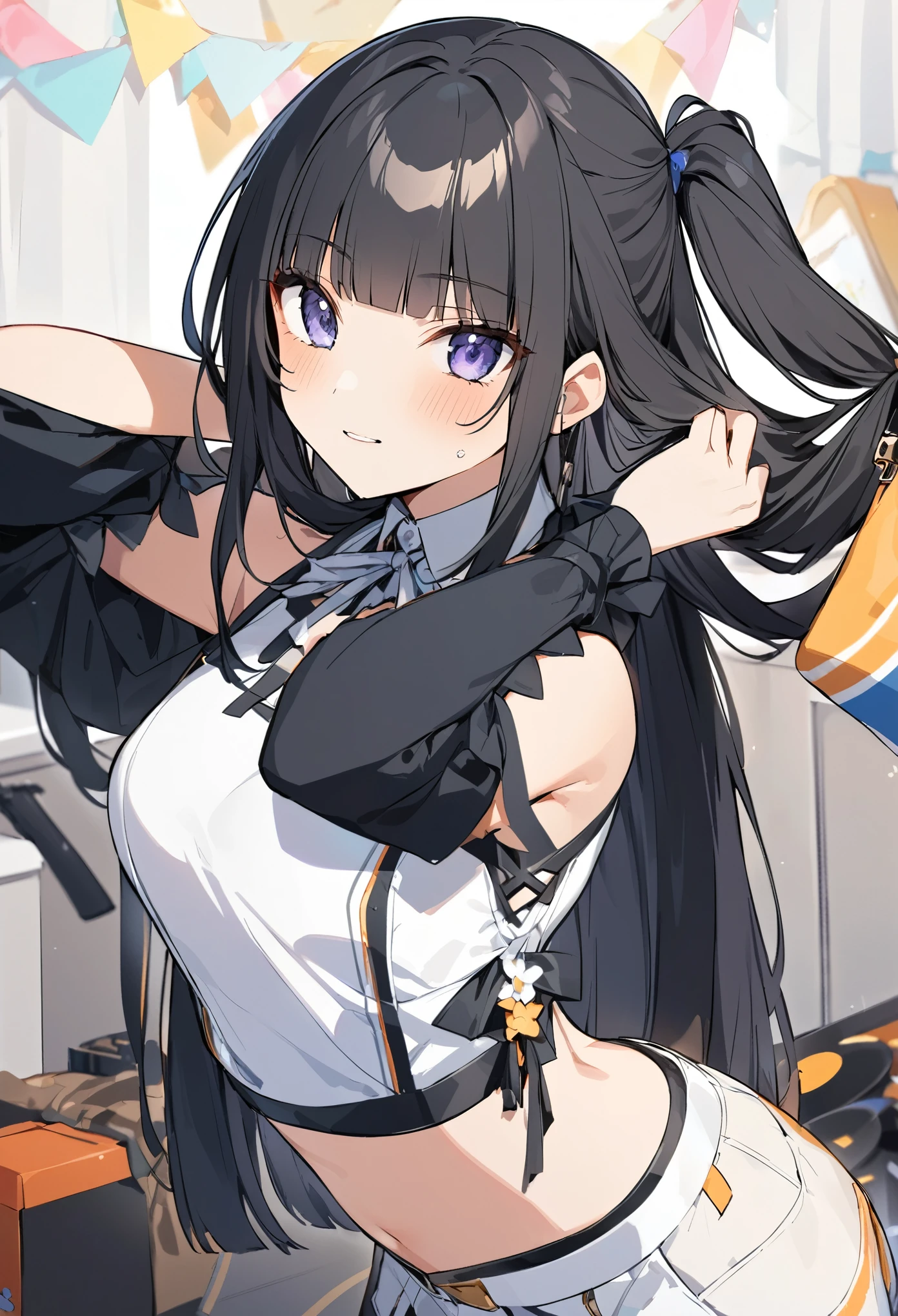 悲しい顔、口に手をあてる、泣き顔、泣いてる、悲しい。I play at music habs、iDOL、rifle、Tying up hair、gun、Virtual Character ,Black Hair、blunt bangs、Straight Hair, face, 1 female,Sexy,