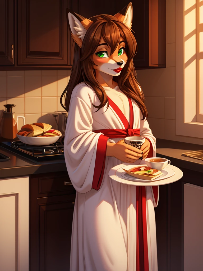 Best quality, furry male fox with green eyes, with brown long hair, with black spout, with red lipstick on lips, big lips, in a robe, a femboy, crossdressing, shy, flirts, brings breakfast, sexy pose, portrait, against the backdrop of an empty morning kitchen