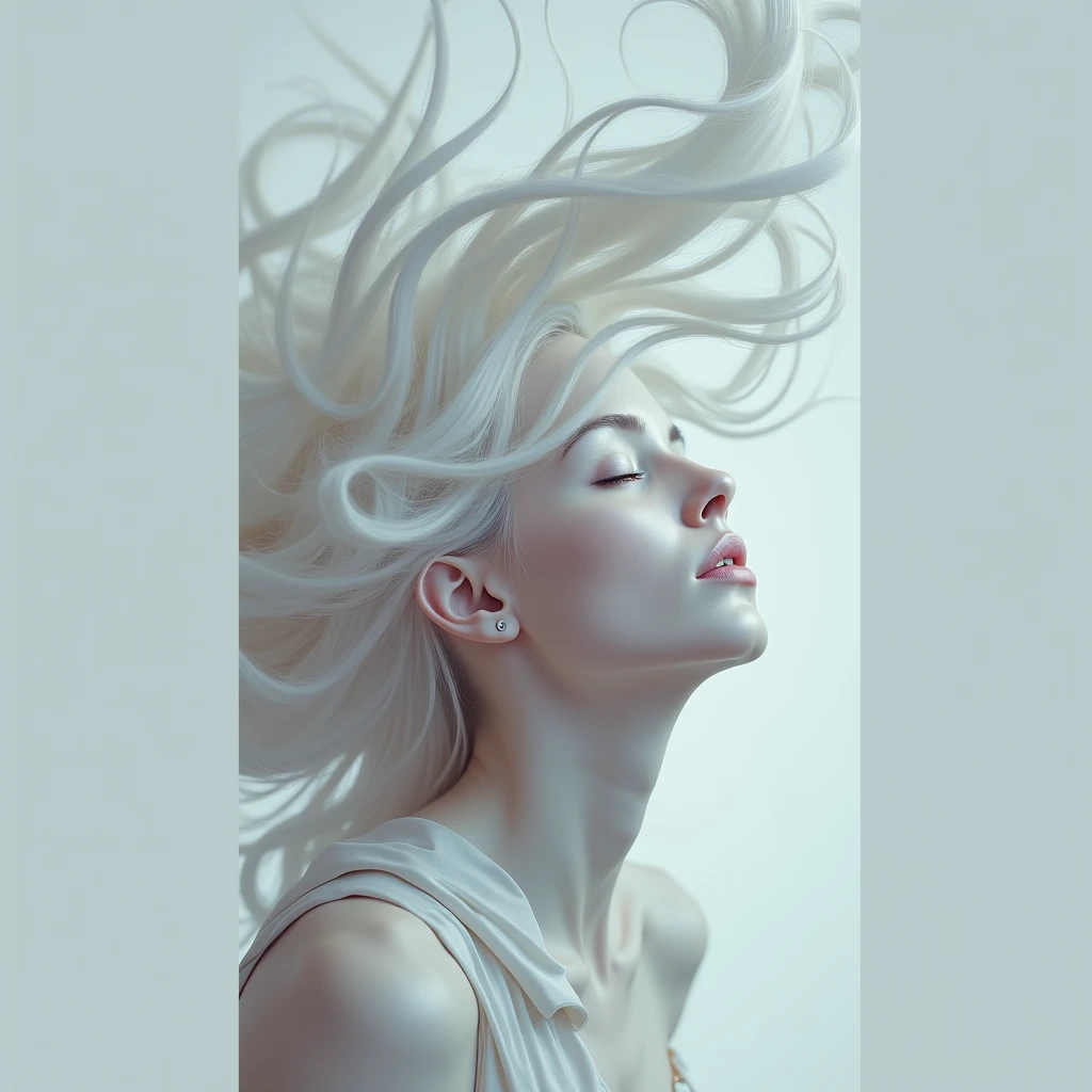 depict a surreal portrait of a woman, her head dramatically titled back against a stark white background, her hair and features should be exaggerated with smooth, flowing lines and her skin should have an ethereal glow, use a palette of pastel shades to create a serene and otherworldly atmosphere, photorealistic, 4K UHD, rich detailing --ar 9:16 --style raw --v 6.1