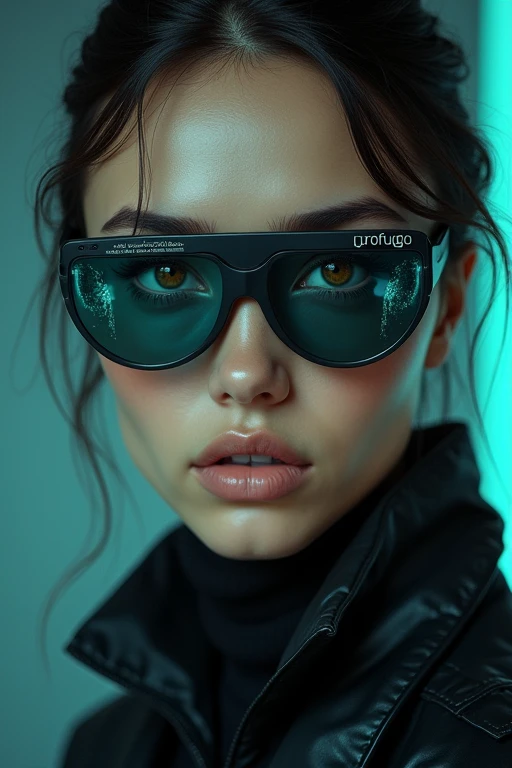 (facial portrait:1.2), A woman (amber listened), Futuristic Matrix style glasses with the word Profugo.