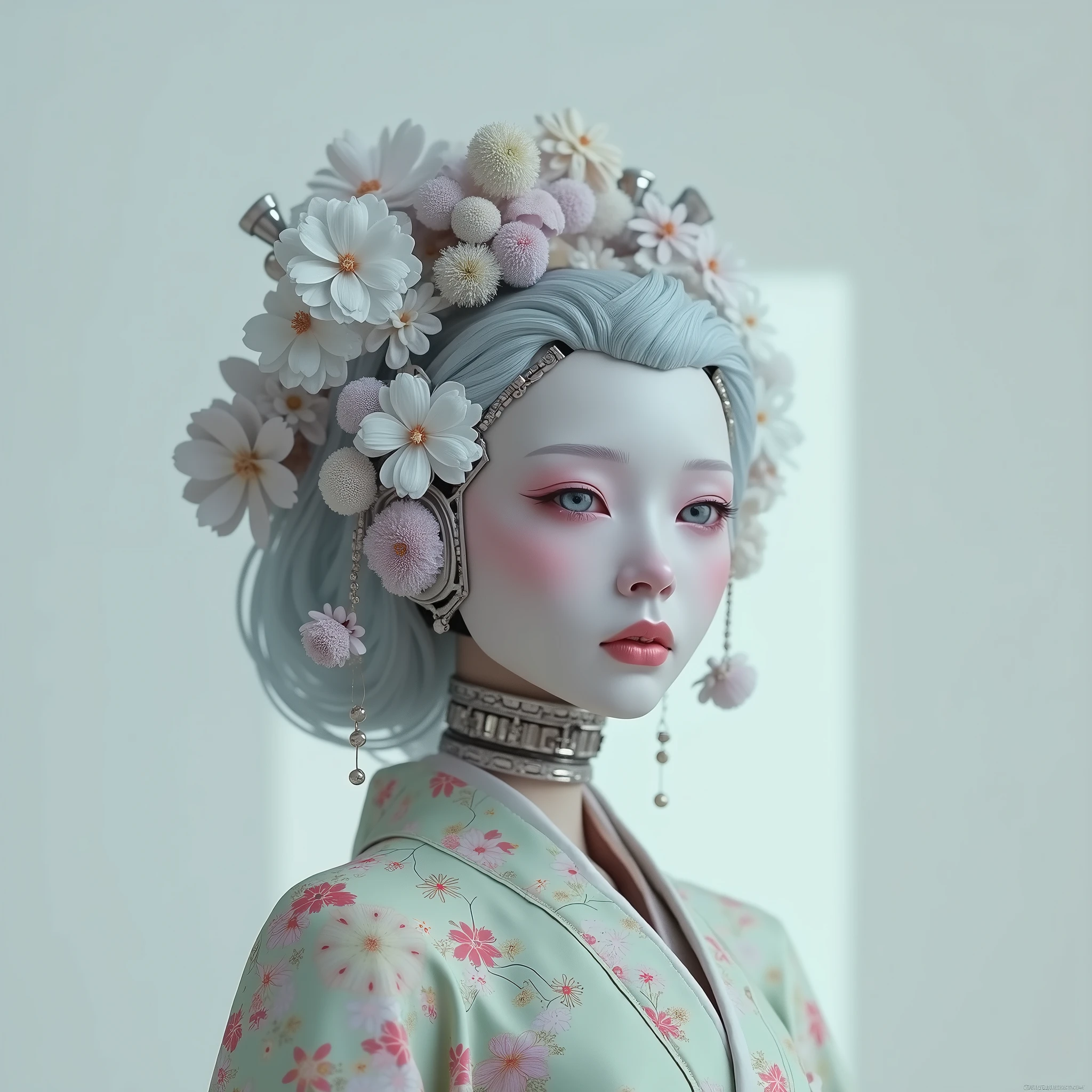 Cyberpunk humanoid robot geisha, flower kimono, very colorful, depressed look, hypermaximalist, elegant, super detailed, 32k, insanely detailed and intricate, Photography, Photoshoot, Shot on 70mm lense