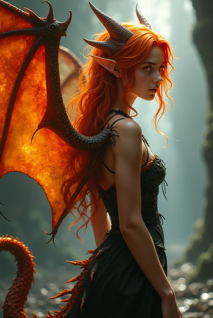 ager, red hair, orange eyes, dragon wings, dragon tail