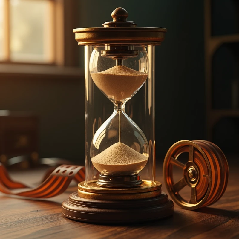 intricate hourglass inside a capsule, inside a film reel, detailed realistic interior, photorealistic, 8k, cinematic lighting, warm color tones, dramatic chiaroscuro lighting, highly detailed, sharp focus, 3d render, hyperrealistic, studio lighting, physically-based rendering