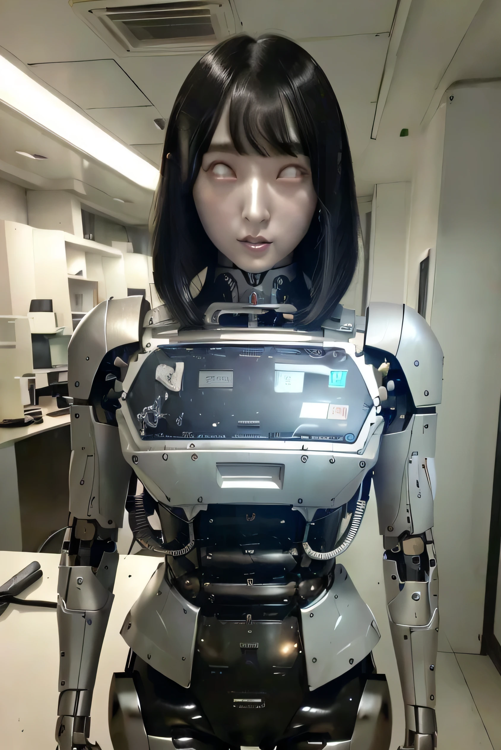 masterpiece, best quality, extremely detailed,  Japaese Cyborg girl,Plump , control panels,android,Droid,Mechanical Hand, Robot arms and legs, Black Robot Parts,Black hair,Mechanical body,Blunt bangs,White robotics parts,perfect robot girl,future information counter,reception,long tube,thick cable connected her neck,ceramic body ,mechanical body,mechanical costume,android,robot,humanoid,cyborg,information office,japanese android receptionist ,mechanical chest,blue eyes,office-lady,white eyes