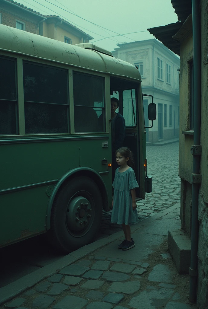 Girl gets on a bus with black windows. The Old Town, pastel shades, gloomy atmosphere, RAW photo, granularity, Bird's-eye