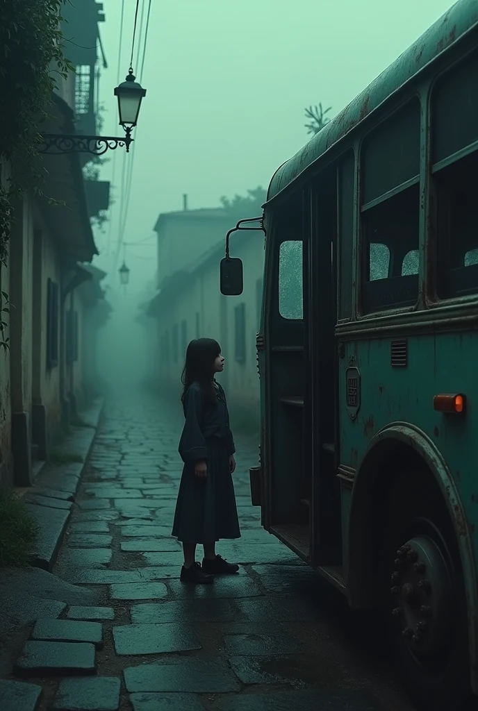Girl gets on a bus with black windows. The Old Town, pastel shades, gloomy atmosphere, RAW photo, granularity, Bird's-eye