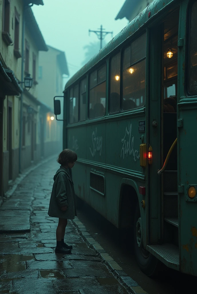 Girl gets on a bus with black windows. The Old Town, pastel shades, gloomy atmosphere, RAW photo, granularity, Bird's-eye