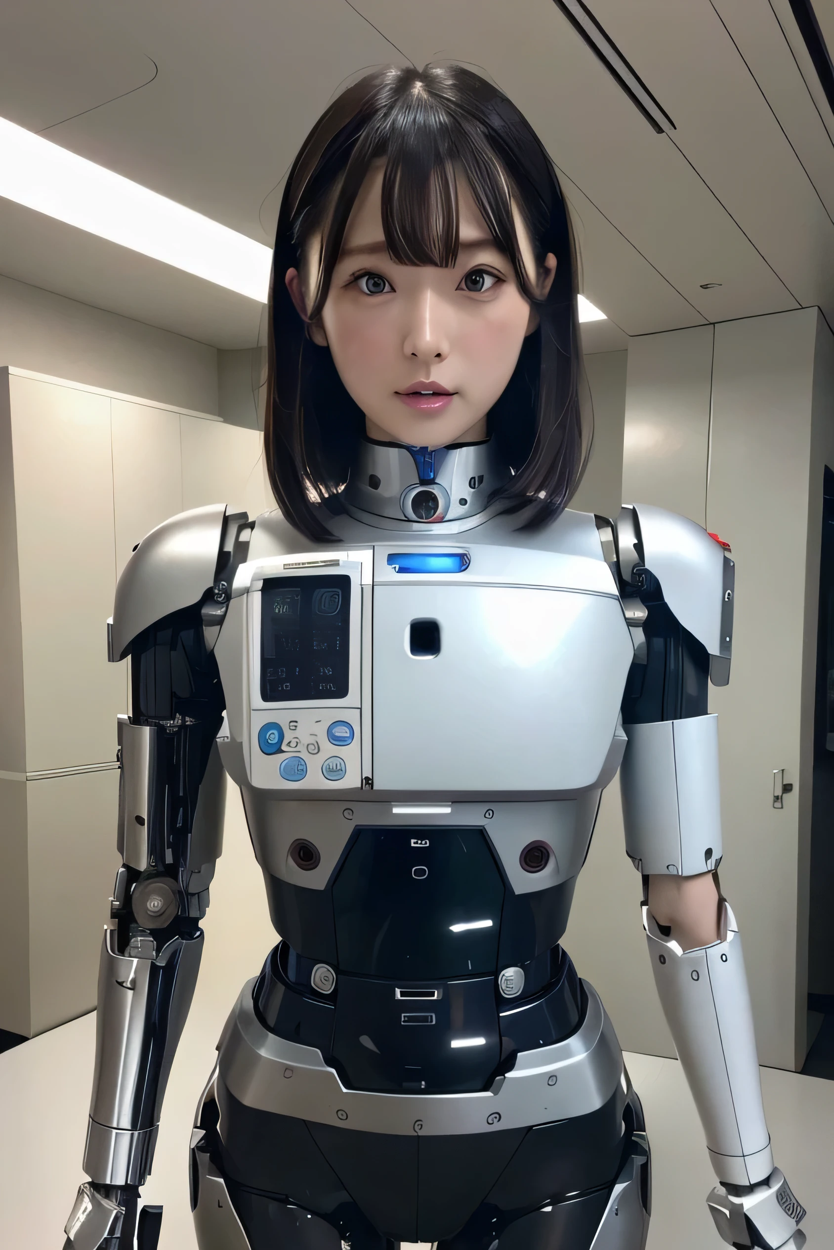 masterpiece, best quality, extremely detailed, Japaese Cyborg girl,Plump , control panels,android,Droid,Mechanical Hand, Robot arms and legs, Black Robot Parts,Black hair,Mechanical body,Blunt bangs,White robotics parts,perfect robot girl,future information counter,reception,long tube,thick cable connected her neck,ceramic body ,mechanical body,mechanical costume,android,robot,humanoid,cyborg,information office,japanese android receptionist ,mechanical chest,blue eyes,office-lady