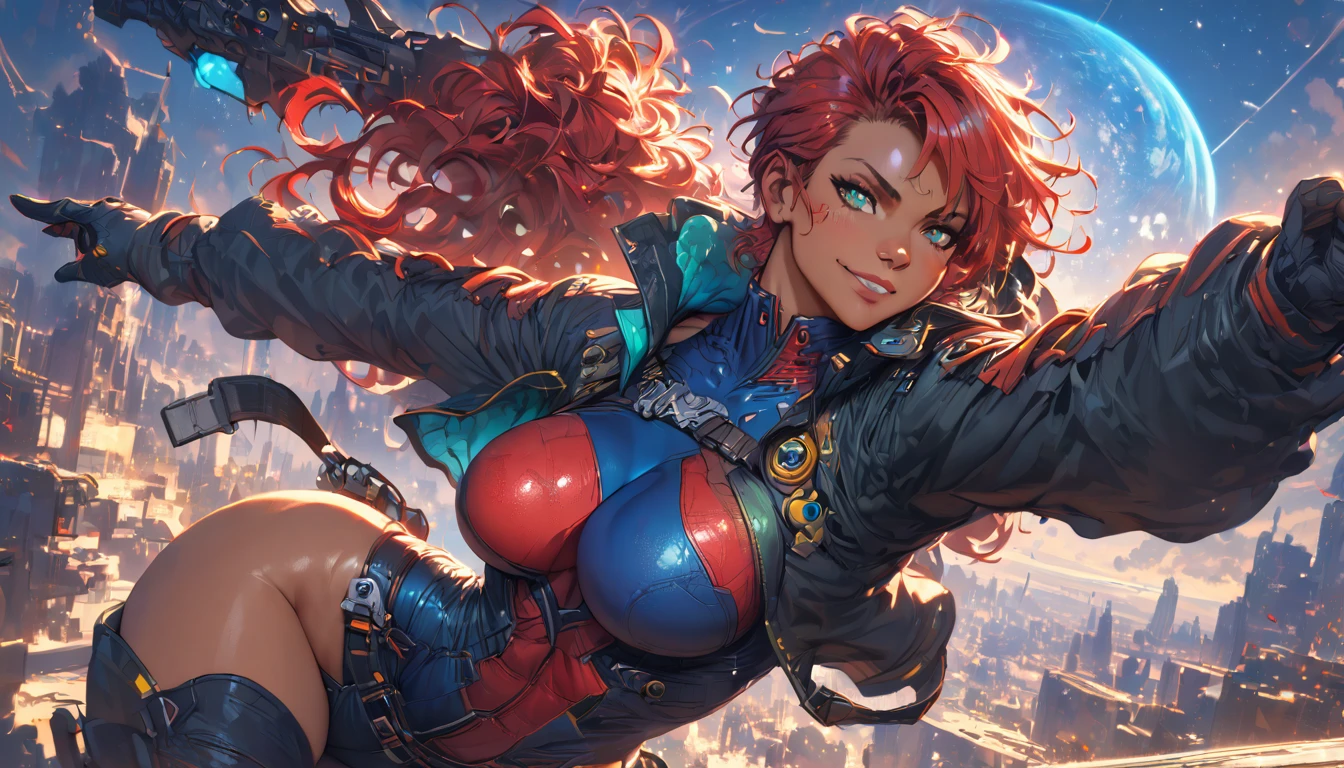 best quality,4k,8k,highres,masterpiece:1.2),ultra-detailed, extremely detailed eyes, extremely detailed body, (large masterpiece digital art), (detailed manga illustration), (detailed line art), ((perfect anatomy)), (intricate details:1.3), (ultra-detailed:1.3), (illustration:1.3), (sharp focus:1.3), (natural lighting:1.05), (vivid colors:1.3), (masterpiece), (best quality:1.4), (perfect anatomy:1.4), high quality, expressive eyes, full body, detailed face, beautiful face, perfect face, 1 girl, breasts, cleavage, gloves, large breasts, cyberpunk clothes, jacket, black jacket, very long hair, thigh length hair, ({dark skin}), dark-skinned female ,detailed ((red hair)), messy hair, green eyes, hourglass physique, bodysuit, ultramarine bodysuit, sleeveless, shorts, thick thighs, toned, captain marvel emblem, emblem, superhero, dynamic lighting, cinematic lighting, dynamic heroic pose, smiling, outer space background, curvy, Atey Ghailan, Jeremy Mann, Greg Manchess, Antonio Moro, trend in ArtStation, trend in CGSociety, Intricate, High Detail, Sharp focus, dramatic and photorealistic painting art by Midjourney and Greg Rutkowski, Jeff Bridges, ((cartoon style)), Marvel Cinematic Universe style