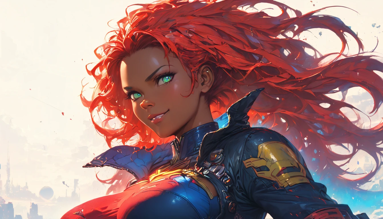 best quality,4k,8k,highres,masterpiece:1.2),ultra-detailed, extremely detailed eyes, extremely detailed body, (large masterpiece digital art), (detailed manga illustration), (detailed line art), ((perfect ???????)), (intricate details:1.3), (ultra-detailed:1.3), (illustration:1.3), (sharp focus:1.3), (natural lighting:1.05), (vivid colors:1.3), (masterpiece), (best quality:1.4), (perfect ???????:1.4), high quality, expressive eyes, full body, detailed face, beautiful face, perfect face, 1 girl, breasts, cleavage, gloves, large breasts, cyberpunk clothes, jacket, black jacket, very long hair, thigh length hair, ({dark skin}), dark-skinned female ,detailed ((red hair)), messy hair, green eyes, hourglass physique, bodysuit, ultramarine bodysuit, sleeveless, shorts, thick thighs, toned, captain marvel emblem, emblem, superhero, dynamic lighting, cinematic lighting, dynamic heroic pose, smiling, outer space background, curvy, Atey Ghailan, Jeremy Mann, Greg Manchess, Antonio Moro, trend in ArtStation, trend in CGSociety, Intricate, High Detail, Sharp focus, dramatic and photorealistic painting art by Midjourney and Greg Rutkowski, Jeff Bridges, ((cartoon style)), Marvel Cinematic Universe style
