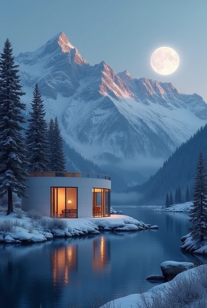 A house beside a river surrounded by snowy mountains and modern look cylindric shape of house night time moon reflection on the river made by adobe illustrator master photo