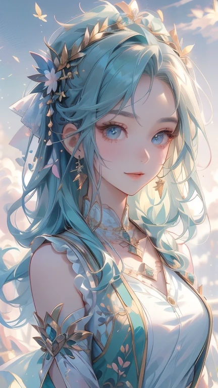 MKSKS, masterpiece, Highest quality, figure, close, Frank, Face focus, smile, colorful, Flowers, green sky, Cloud sky, Girl with beautiful eyes,