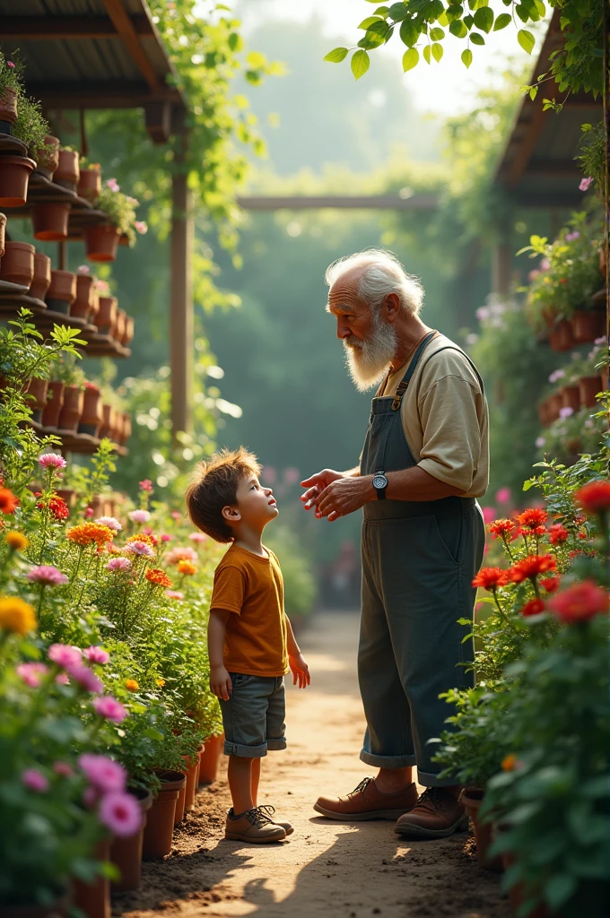 In a garden where many plants are kept for selling.
A oldman and a  are purchasing two plant from a old woman