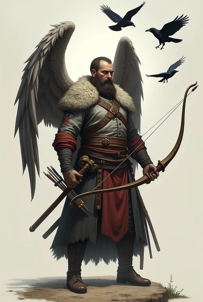 Cossack
In his left hand is a bow with an arrow, directed upwards at an angle to the ravens, 3 of them
On the right thigh is a quiver with arrows, on the left is a saber in a scabbard
Behind the back are the wings of an angel, but the right one seems to be broken
On the left side of the chest, on the shirt, there are two spots as if from a wound