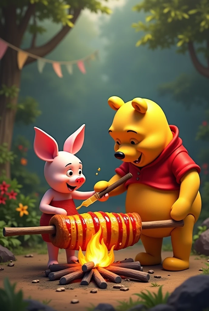 piglet cooking on a spit with Winnie the Pooh brushing it with honey
adds red stripes to the piglet's belly trashier