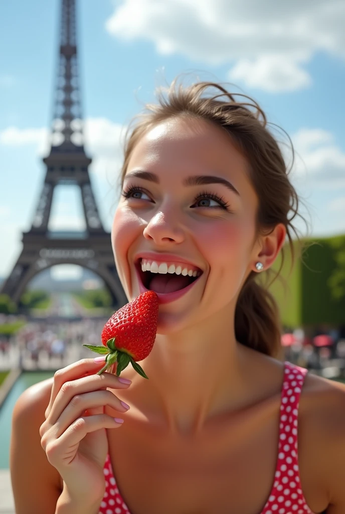 Draw a picture of a smiling woman eating a strawberry skewer in front of the Eiffel Tower in Paris.. The leaf part of the strawberry skewer is completely removed..