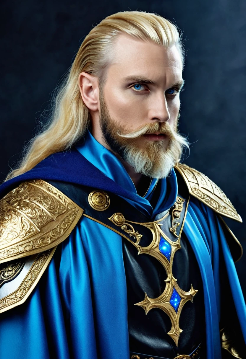 cineastic  foto of A fantasy wizard in a . 38 years  blonde hair sidecut goaty beard wearing blue robes with golden embodyments, black leather armour collar  and a blue pointy head. consumet and corupprted by dark powers