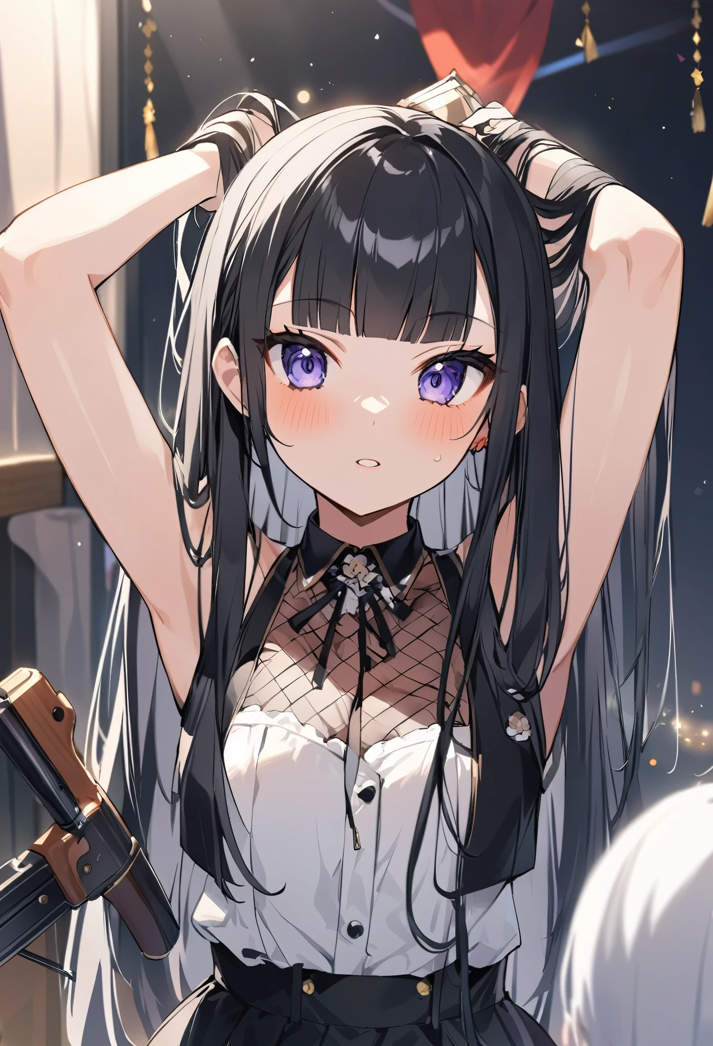 泣いてる、悲しい。I play at music habs、iDOL、rifle、Tying up hair、gun、Virtual Character ,Black Hair、blunt bangs、Straight Hair, face, 1 female,Sexy,
