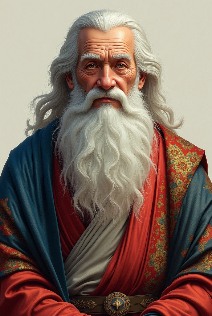 create image prompt, a old man his white beard and thik hair and he wears multicolor traditional robes and multi texture, front face