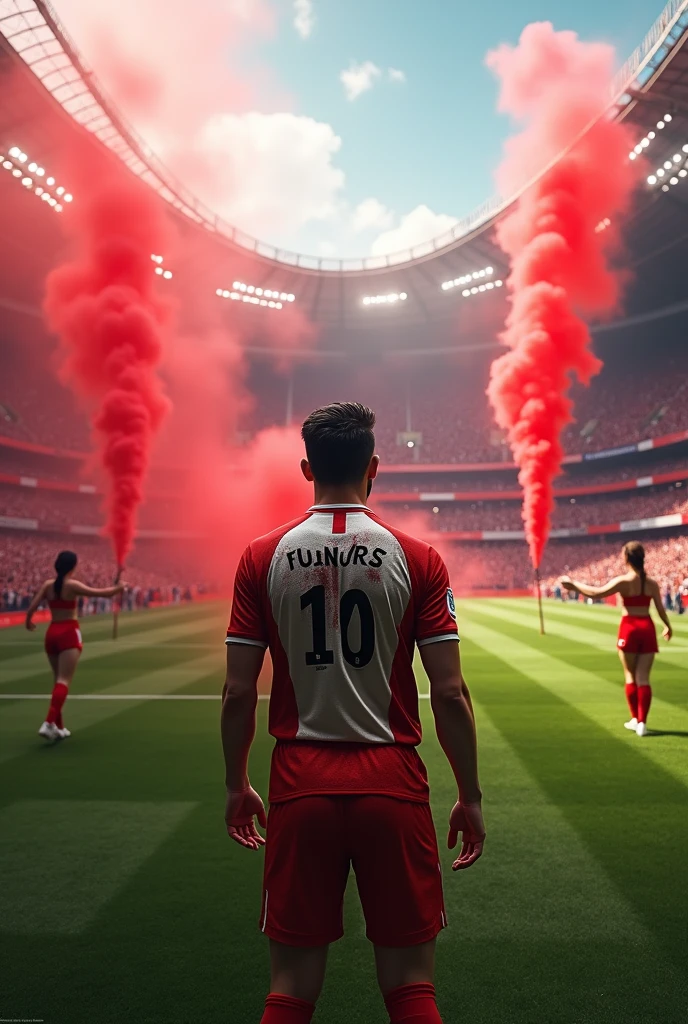 Create a view from inside a football pitch, player, looking at the crowd, realistic cheerleading, Red flags, Red smoke bombs, Big Red Flag