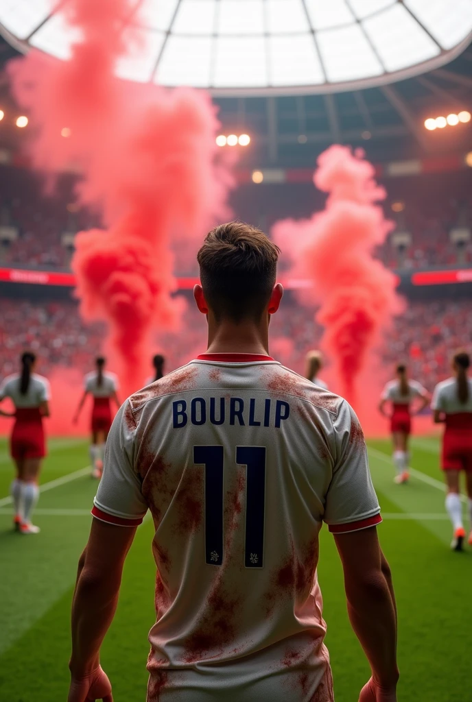 Create a view from inside a football pitch, player, looking at the crowd, realistic cheerleading, Red flags, Red smoke bombs, Big Red Flag