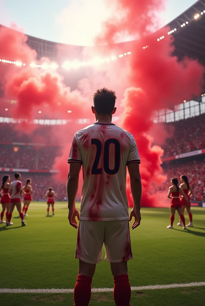 Create a view from inside a football pitch, player, looking at the crowd, realistic cheerleading, Red flags, Red smoke bombs, Big Red Flag