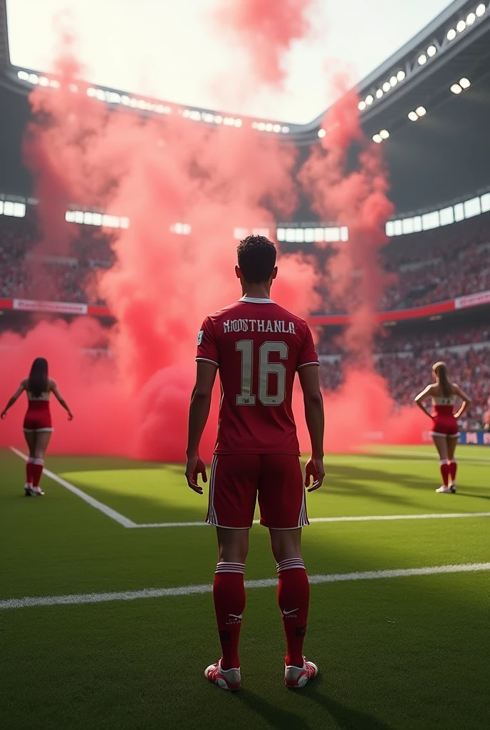 Create a view from inside a football pitch, player, looking at the crowd, realistic cheerleading, Red flags, Red smoke bombs, Big Red Flag