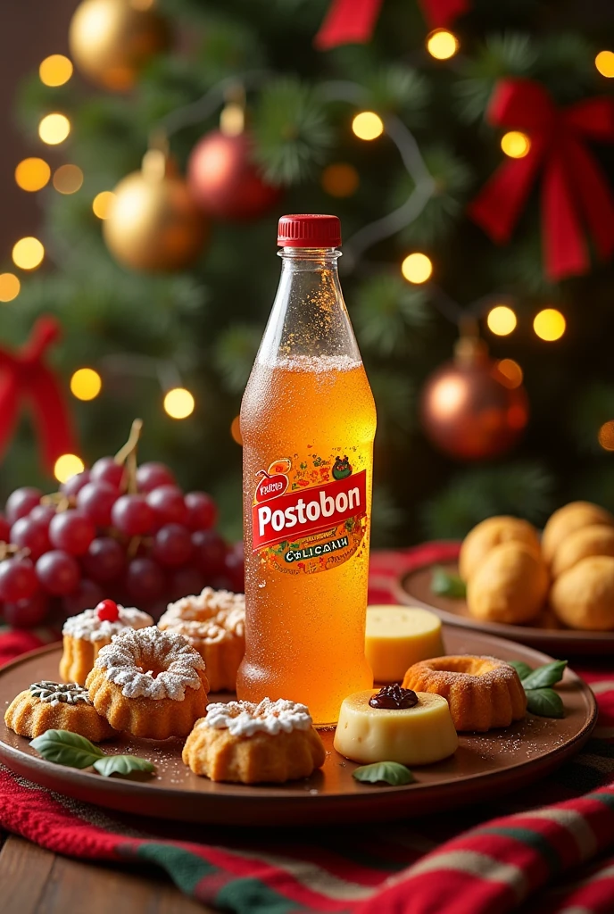 For a Christmas image that includes a very cold postobon with ice cubes and various traditional foods, Imagine a festive table decorated with Christmas decorations. In the middle, Place a chilled bottle of Postobo next to a plate full of decorated Christmas cookies, golden fritters, creamy custard, and Colombian tamales wrapped in banana leaves. Add a bowl of fresh grapes and decorate the table with a festive blanket and Christmas lights to capture the cheerful and welcoming spirit of the season..