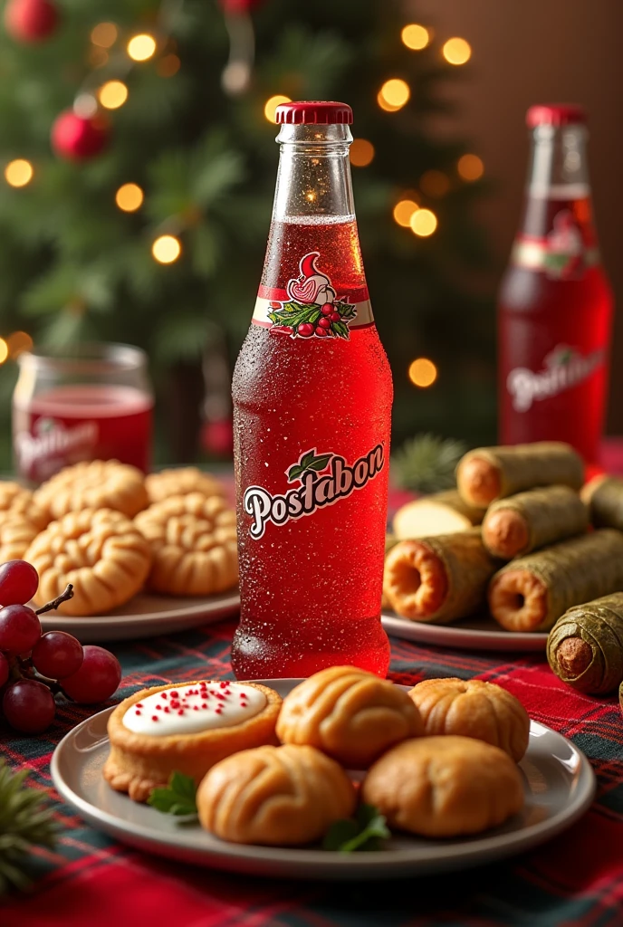 For a Christmas image that includes a very cold postobon with ice cubes and various traditional foods, Imagine a festive table decorated with Christmas decorations. In the middle, Place a chilled bottle of Postobo next to a plate full of decorated Christmas cookies, golden fritters, creamy custard, and Colombian tamales wrapped in banana leaves. Add a bowl of fresh grapes and decorate the table with a festive blanket and Christmas lights to capture the cheerful and welcoming spirit of the season..