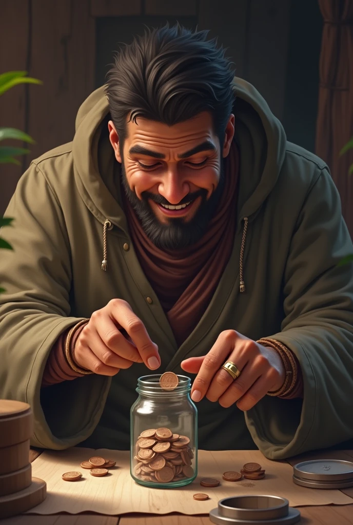 The poor man, now with a slight smile, begins saving a few coins in a small jar each day. The scene shows a glimmer of hope and a subtle shift towards a brighter future, with the jar symbolizing his newfound determination