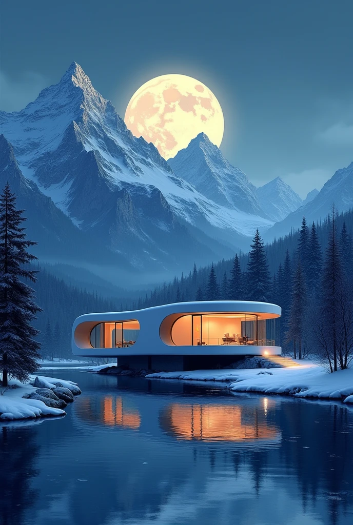 A house beside a river surrounded by snowy mountains and modern look cylindric shape of house night time moon reflection on the river made by adobe illustrator boss photo