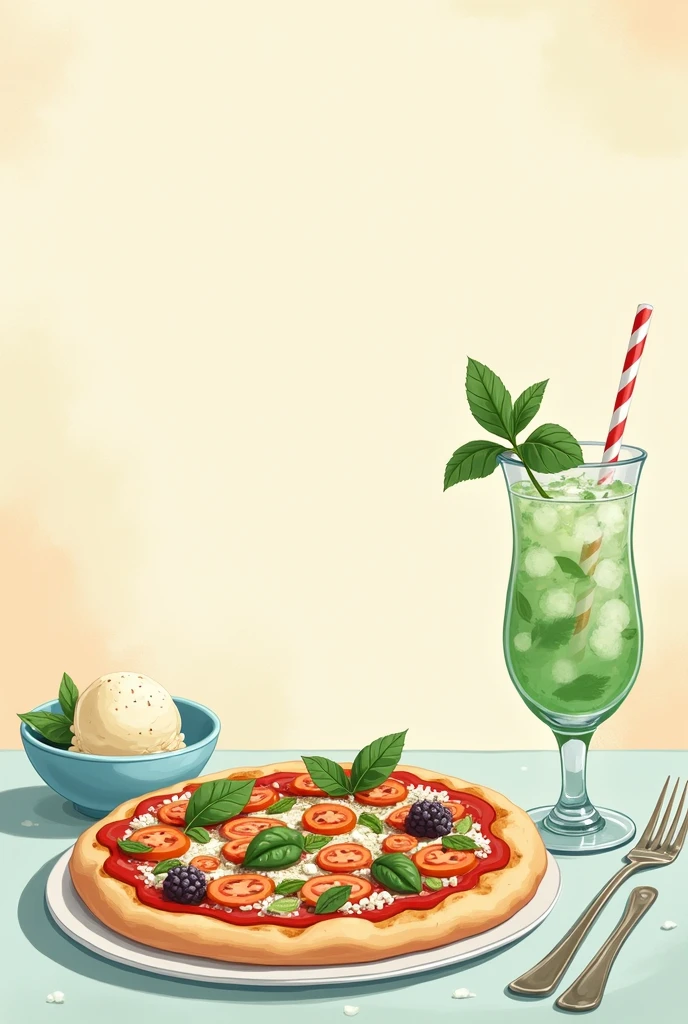Illustrate a menu with pita pizza, Mint juice and vanilla ice cream in pastel blue tones illustrated on cream beige background
