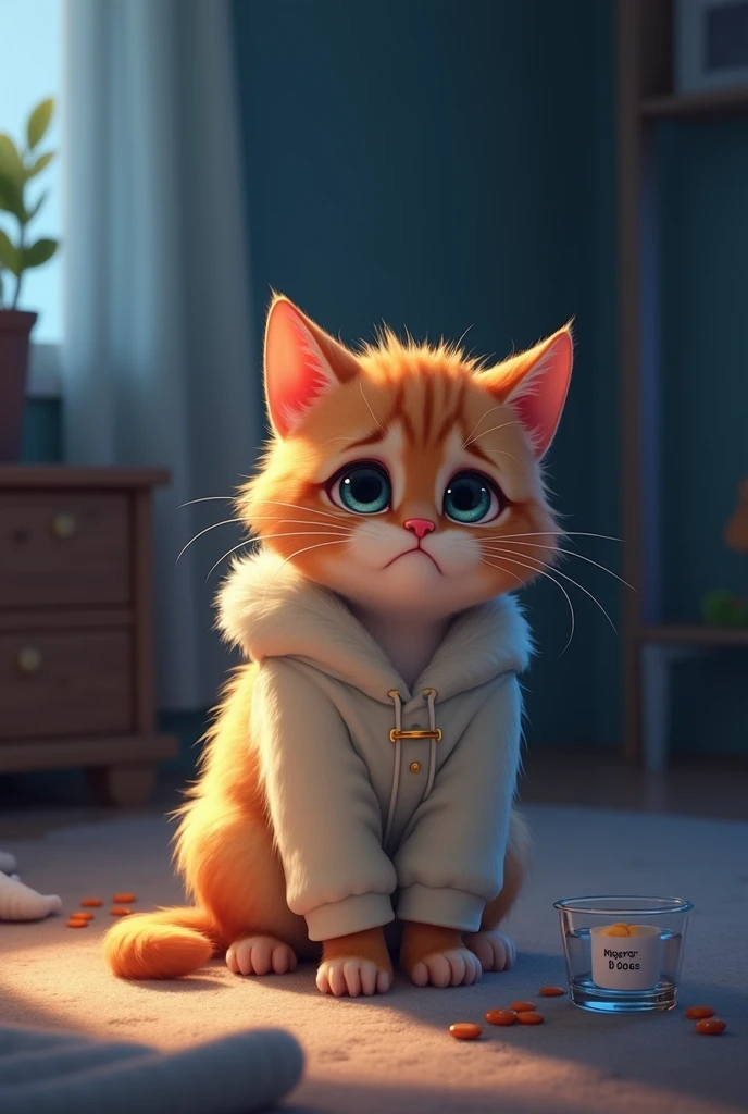 "AI kitten illustration drawn in Pixar style。A cat suffering from cold symptoms、Wearing fluffy, soft loungewear、Crouched in a dimly lit room。Nearby are some half-drunk medicine and water.。The cat looks tired and unwell。My eyes are a little watery、The nose is red。The background is covered with soft shadows.、It creates a quiet and calm atmosphere。The overall color tone is warm、A slight bluish tint reflecting the cat's illness。"