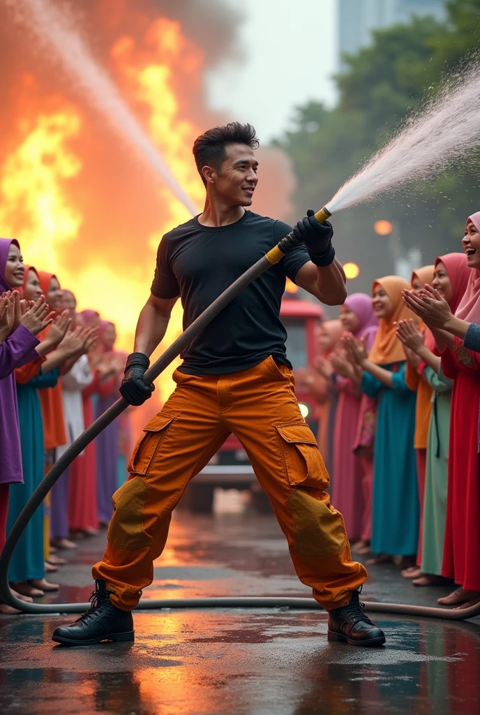 Malaysia guy age 2s. Handsome Man wear Blackshirt. Cargo pant orange firefighter jumpsuit wear tight in . Very muscle body. Holding water hose. Shoot the water to many girl hijab colorfull women cheerfull face clapping hand. Firetruck background. Firefighters water hose.