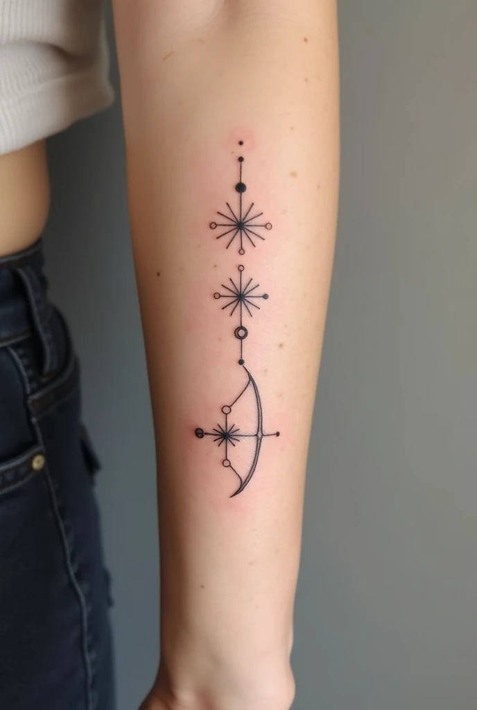 A small tattoo on the arm with:
-the constellation of Virgo -the constellation of Scorpio -the constellation of Sagittarius 

