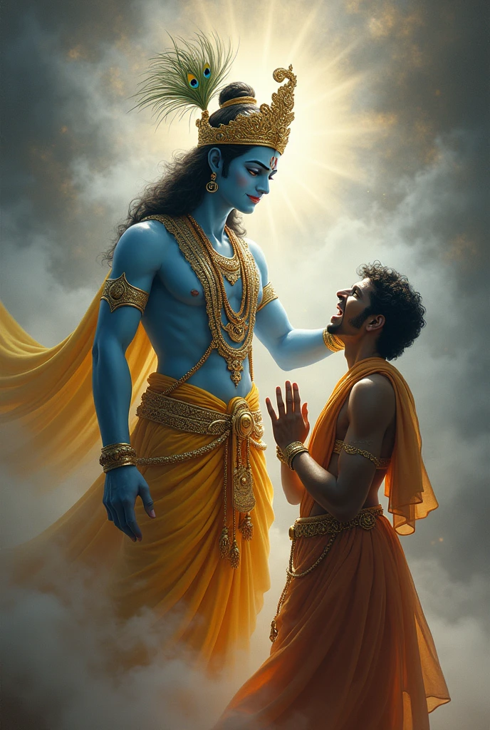 Krishna ji with beautiful divine face, mukut with morpankh, giving blessings, person standing in front of him, angry face, abusing