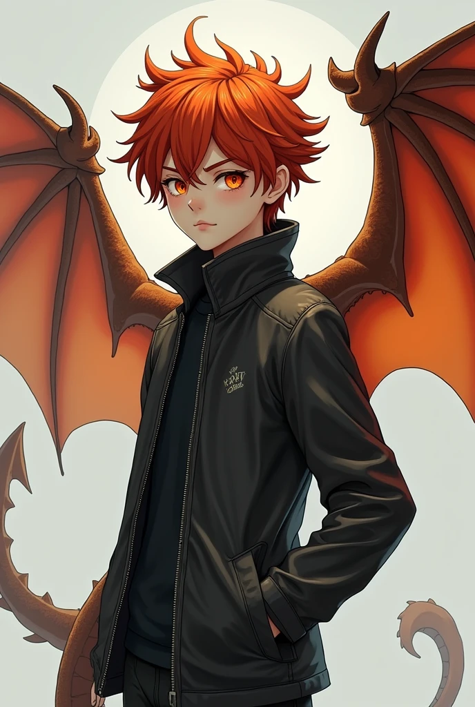 Teenager, red hair, orange eyes, dragon wings, dragon tail, boy, black jacket