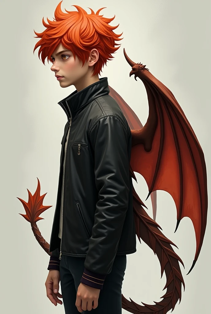 ager, red hair, orange eyes, dragon wings, dragon tail, boy, black jacket