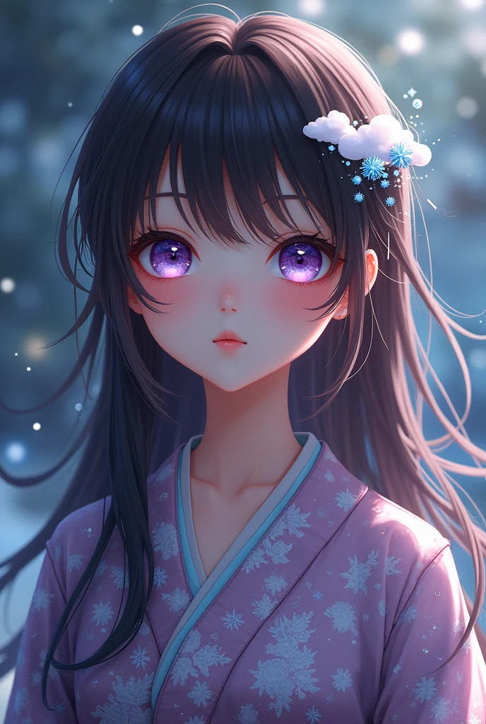 Hair: brown
eyes: purple mixed with blue
hair clip: cloud and snowflake
Costume: kimono
Gender: female
age: 13
