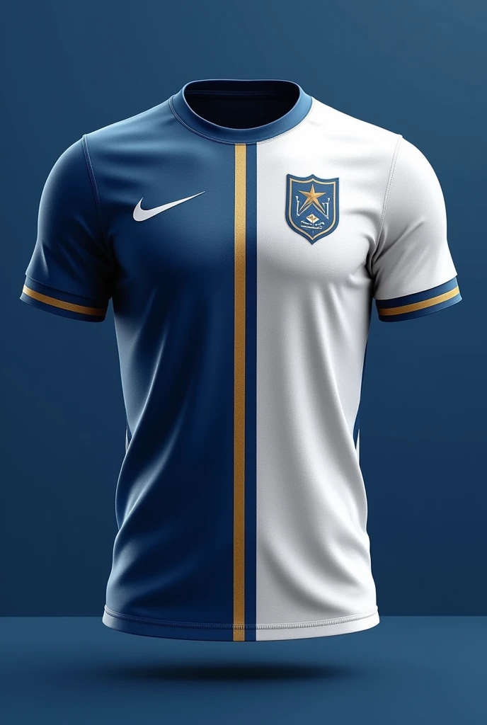  Create a jersey design with following ideas
Design: Split the jersey vertically, with one half blue and the other half white.
Details: A narrow golden or silver strip runs down the middle where the two colors meet.
Logo Placement: Centered, crossing over both colors, or placed entirely on one side.