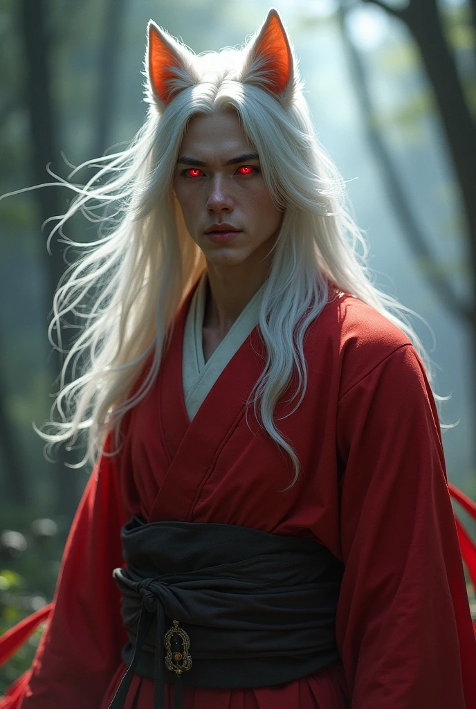 Man with white hair, red eyes, dog ears, wearing a kimono