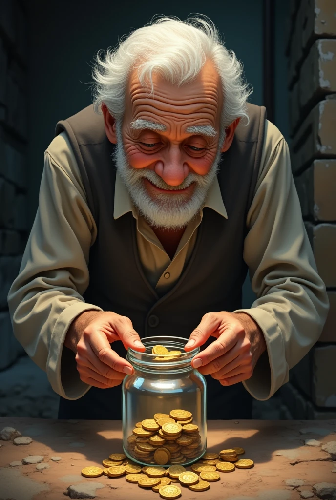 The poor old man, now with a slight smile, begins saving a few coins in a small jar each day. The scene shows a glimmer of hope and a subtle shift towards a brighter future, with the jar symbolizing his newfound determination