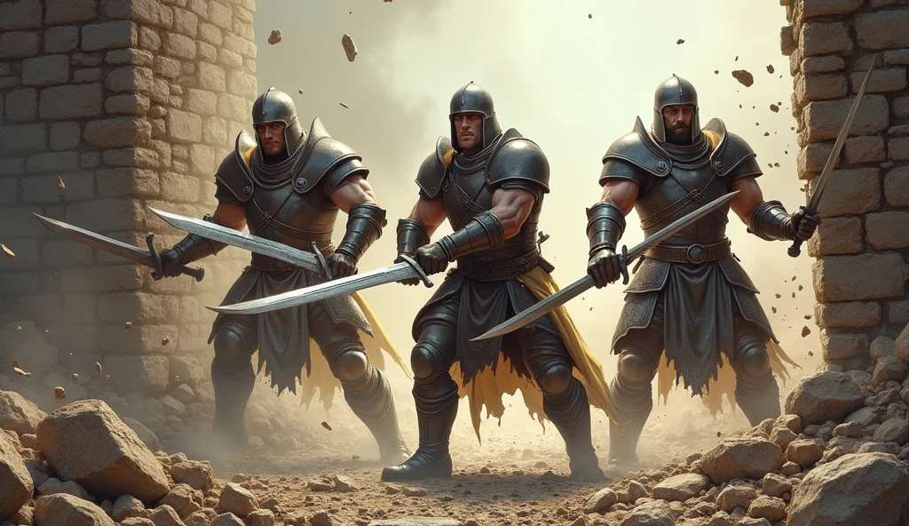 three warriors,breaking the wall using swords