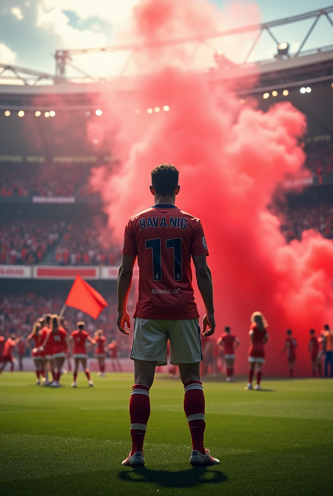 Create a view from inside a football pitch, player, looking at the crowd, realistic cheerleading, Red flags, Red smoke bombs, Big Red Flag