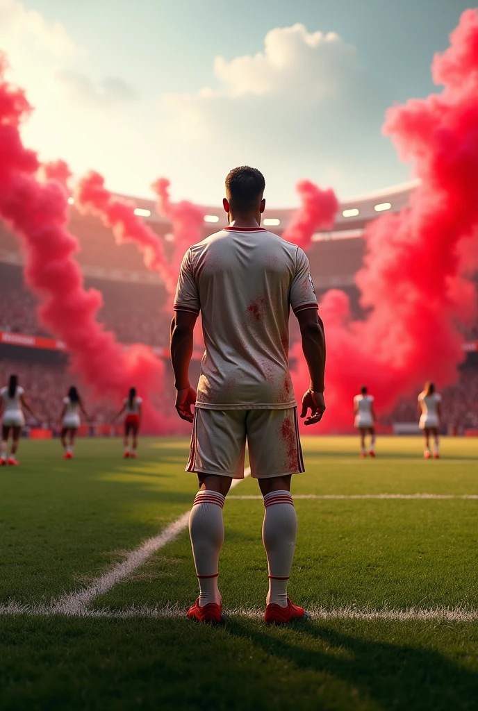 Create a view from inside a football pitch, player, looking at the crowd, realistic cheerleading, Red flags, Red smoke bombs, Big Red Flag