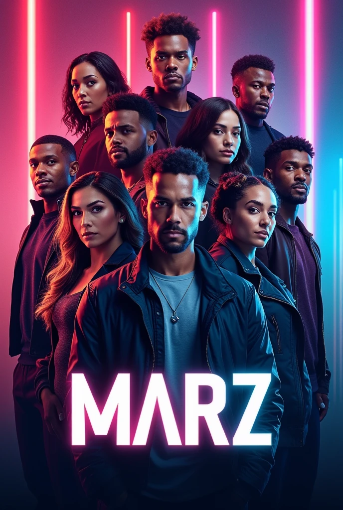 Make a picture of an amine team that has not been formed anywhere yet and write " MARZ " in the middle of it clearly. And there should be at least 18 people in the team. And there should be more boys in the team. The photo should be like a movie intro thumbnail.  